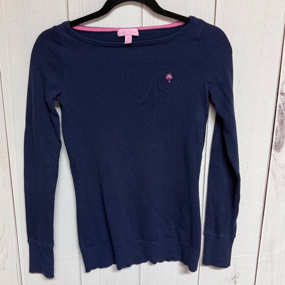 Lilly Pulitzer Navy Blue Palm Tree Sweater Women’s XS Long Sleeve Cotton Blend - Picture 1 of 8